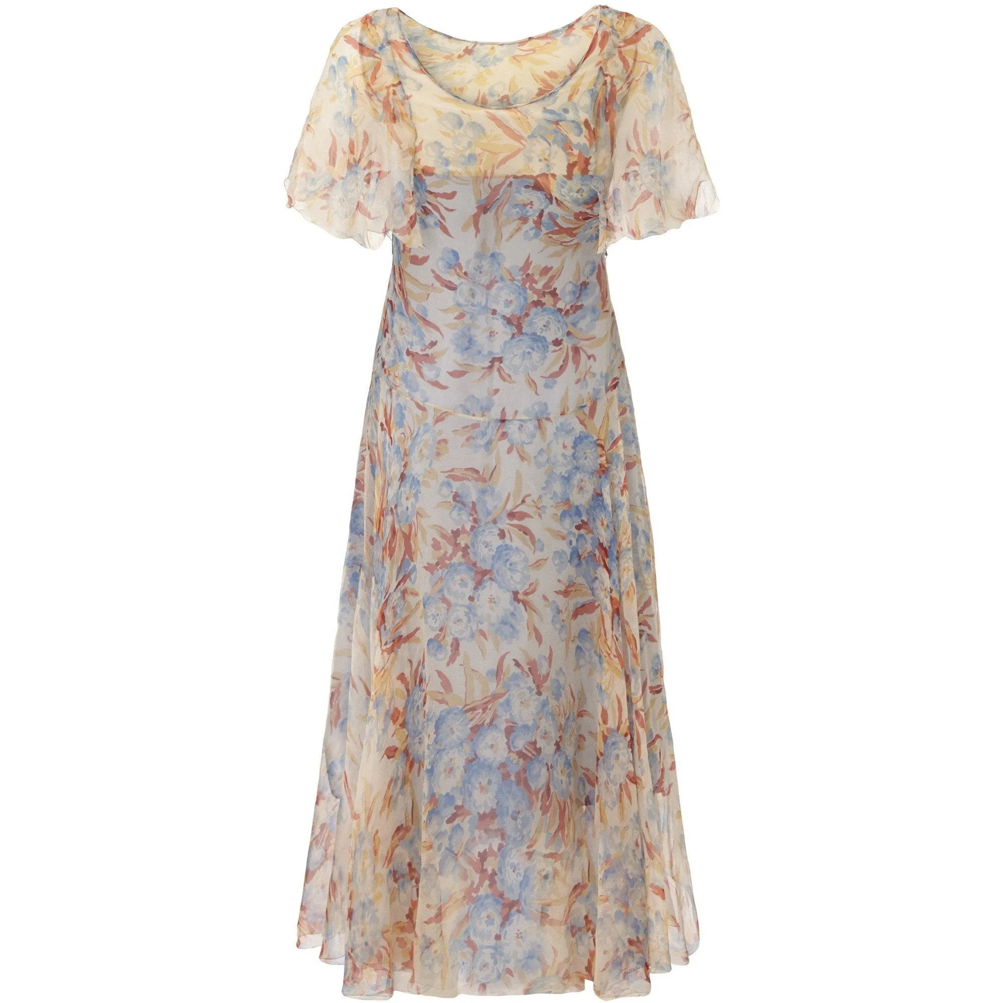 1920s Peach and Blue Silk Chiffon Floral Dress