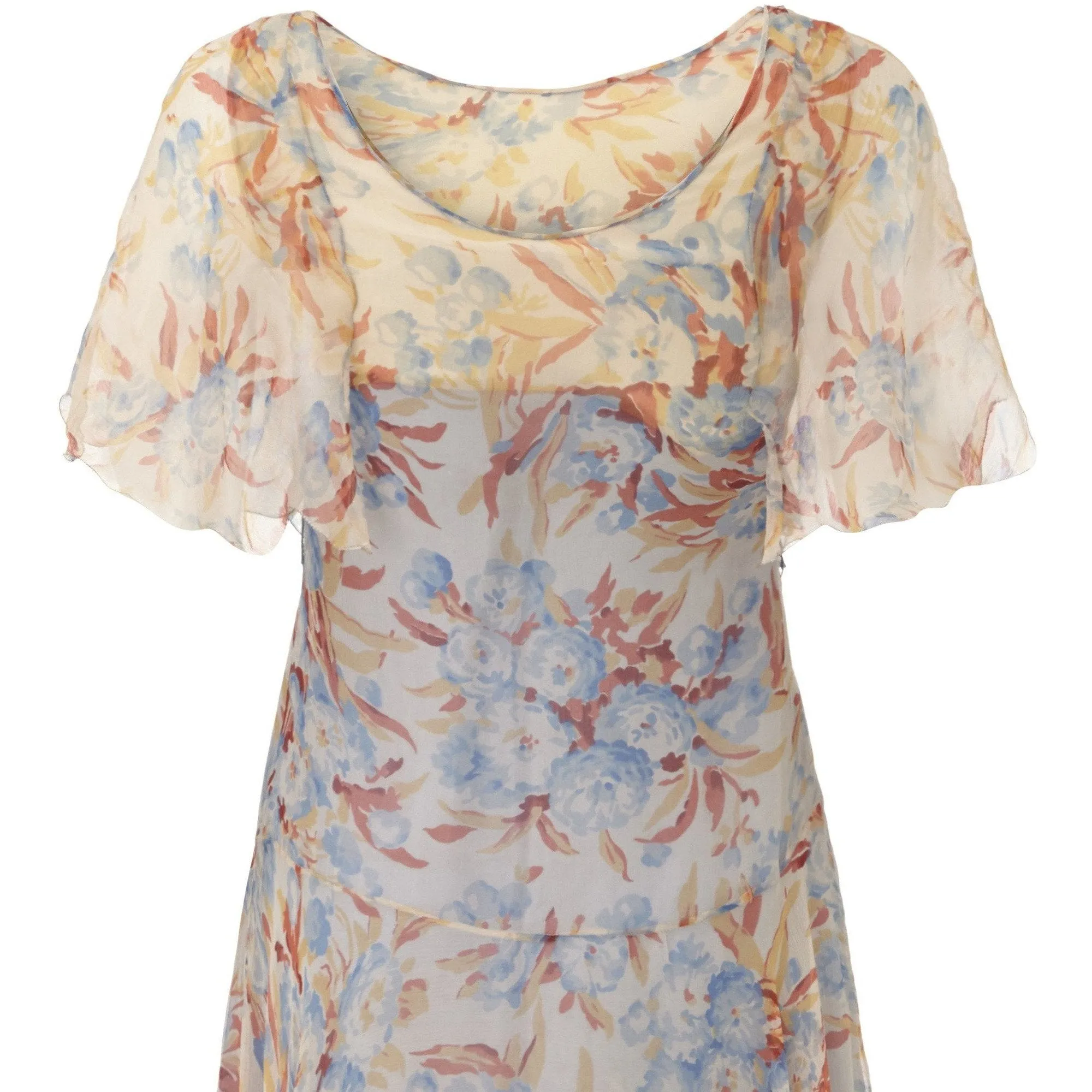 1920s Peach and Blue Silk Chiffon Floral Dress