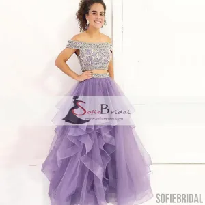 2 Pieces Beaded Top Prom Dresses, Orr Shoulder Purple Organza Prom Dresses, PD0428