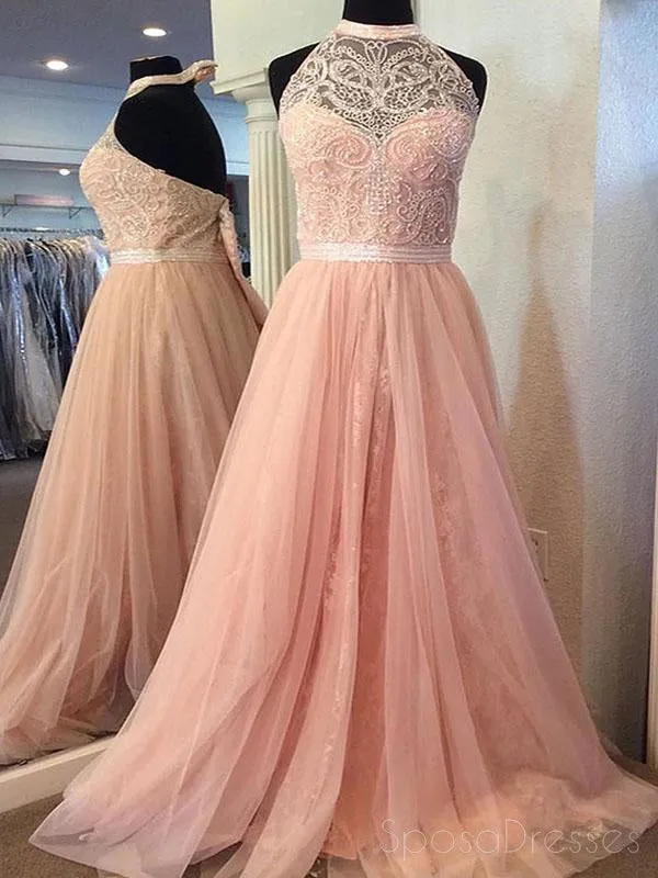 2018 Blush Pink Halter Lace Beaded Long Custom Evening Prom Dresses, 17412