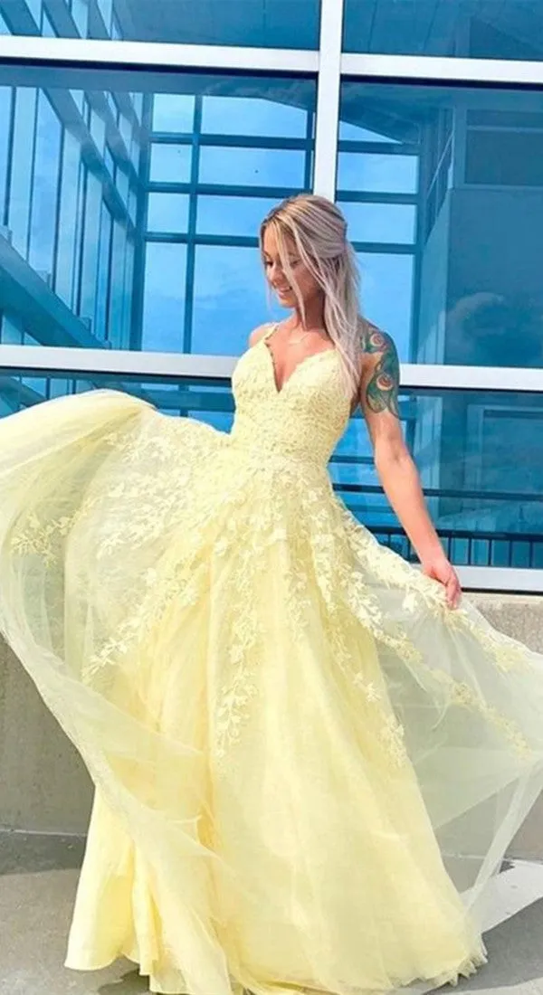 2020 Popular Lace Prom Dresses, Yellow Tulle A-line Lace Prom Dresses