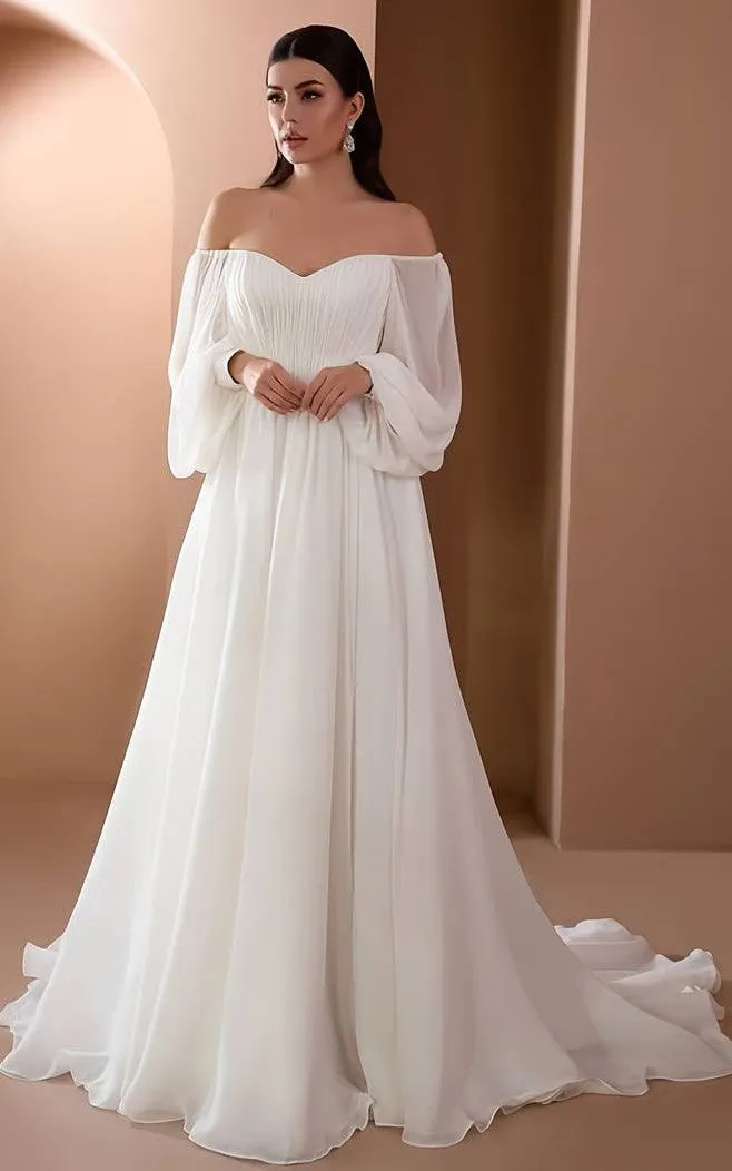 2023 A-Line Chiffon 3/4 Length Sleeve Wedding Dress Country Garden Floor-length Sweep Train Off-the-shoulder-716814