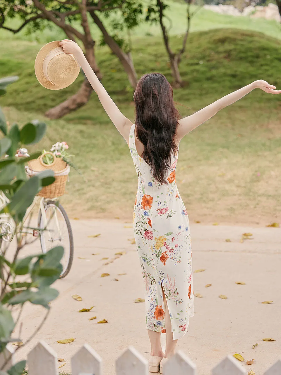 2PS White Floral Print Spaghetti Strap Dress With Orange Shawl Dress Suit