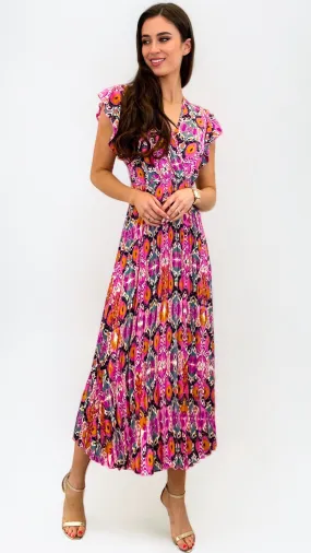 4-A0890 Pink Aztec Pleat Dress