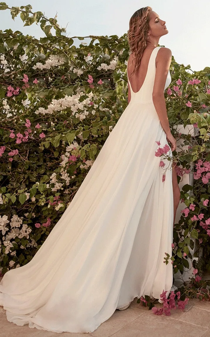 A-Line Bateau Beach Chiffon Wedding Dress With Open Back And Split Front-716637