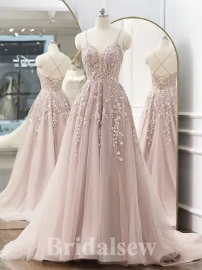 A-line Blush Pink Tulle Lace Spaghetti Straps Pretty Long Elegant Party Prom Dresses PD1178