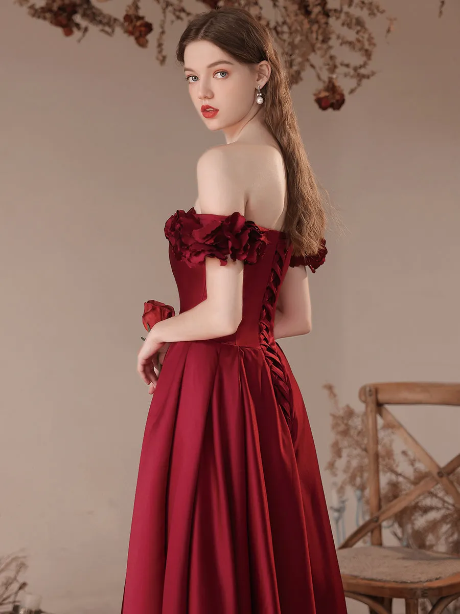 A-Line Burgundy Satin Long Prom Dresses, Burgundy Formal Evening Dresses