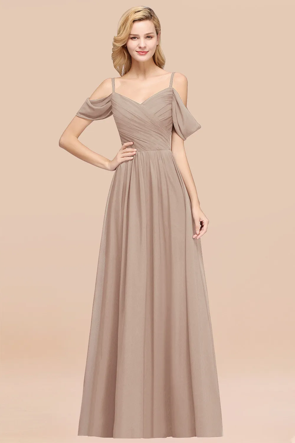 A-Line Chiffon V-Neck Spaghetti Straps Ruffles Long Bridesmaid Dresses with Sleeves