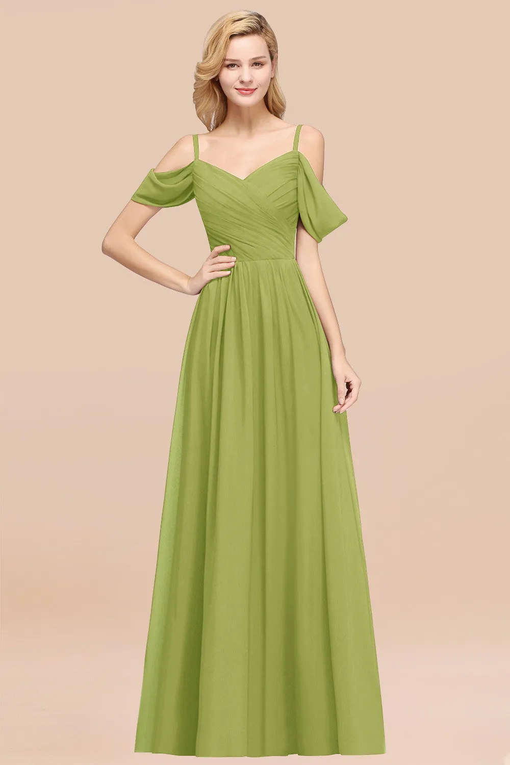 A-Line Chiffon V-Neck Spaghetti Straps Ruffles Long Bridesmaid Dresses with Sleeves