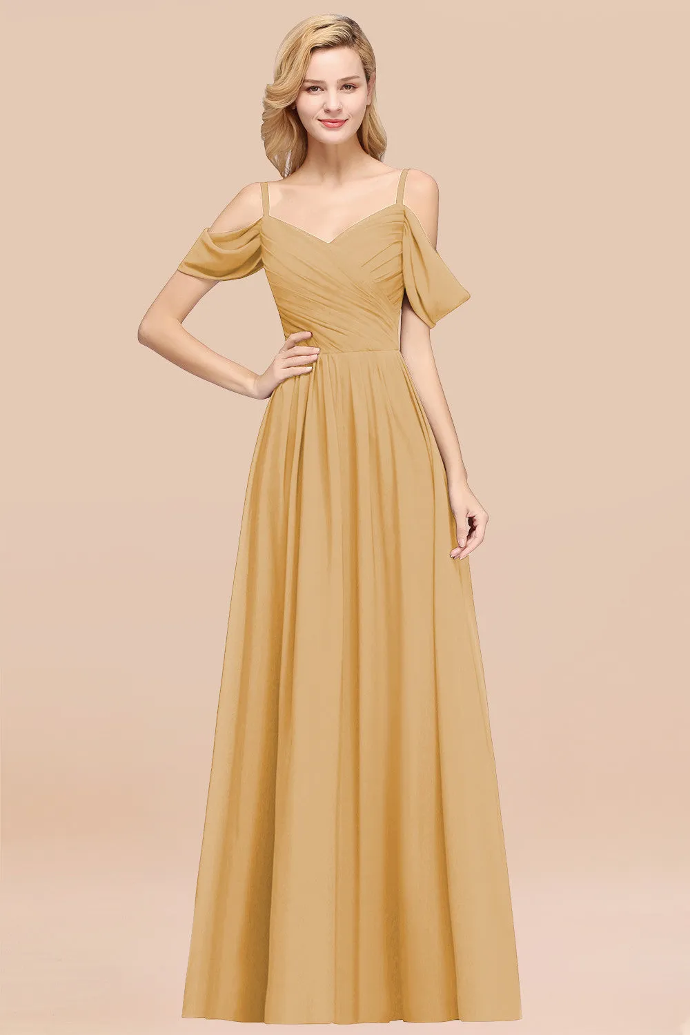 A-Line Chiffon V-Neck Spaghetti Straps Ruffles Long Bridesmaid Dresses with Sleeves