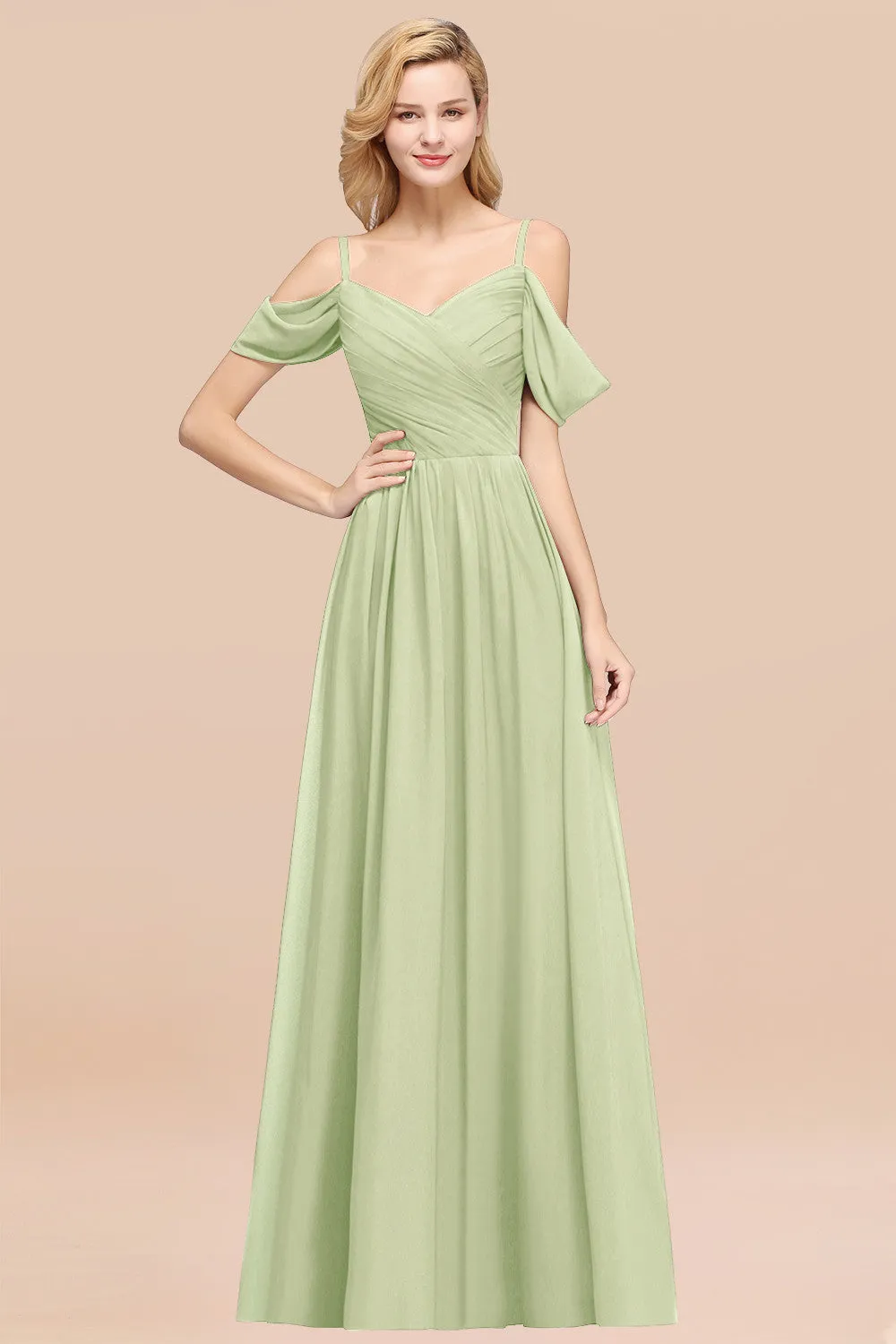 A-Line Chiffon V-Neck Spaghetti Straps Ruffles Long Bridesmaid Dresses with Sleeves