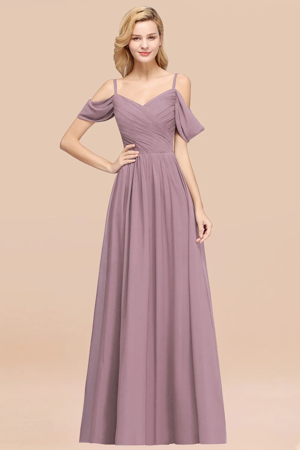 A-Line Chiffon V-Neck Spaghetti Straps Ruffles Long Bridesmaid Dresses with Sleeves