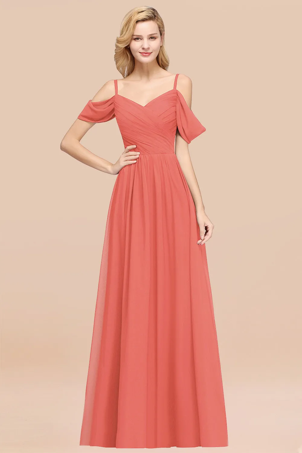 A-Line Chiffon V-Neck Spaghetti Straps Ruffles Long Bridesmaid Dresses with Sleeves