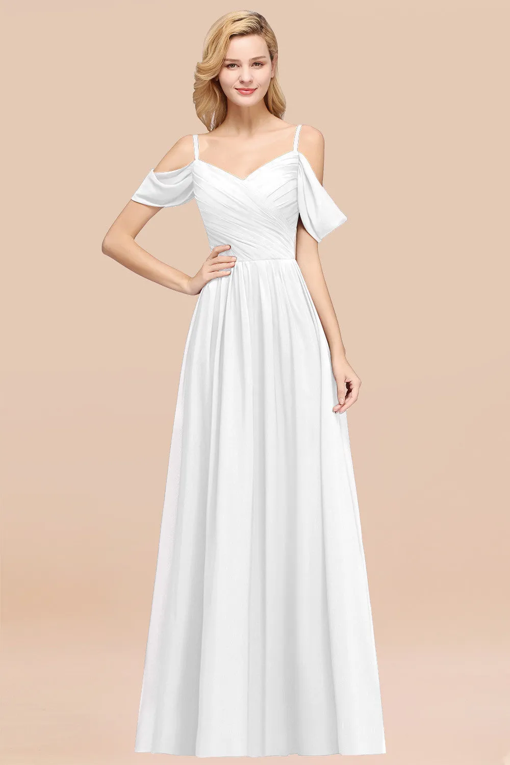 A-Line Chiffon V-Neck Spaghetti Straps Ruffles Long Bridesmaid Dresses with Sleeves