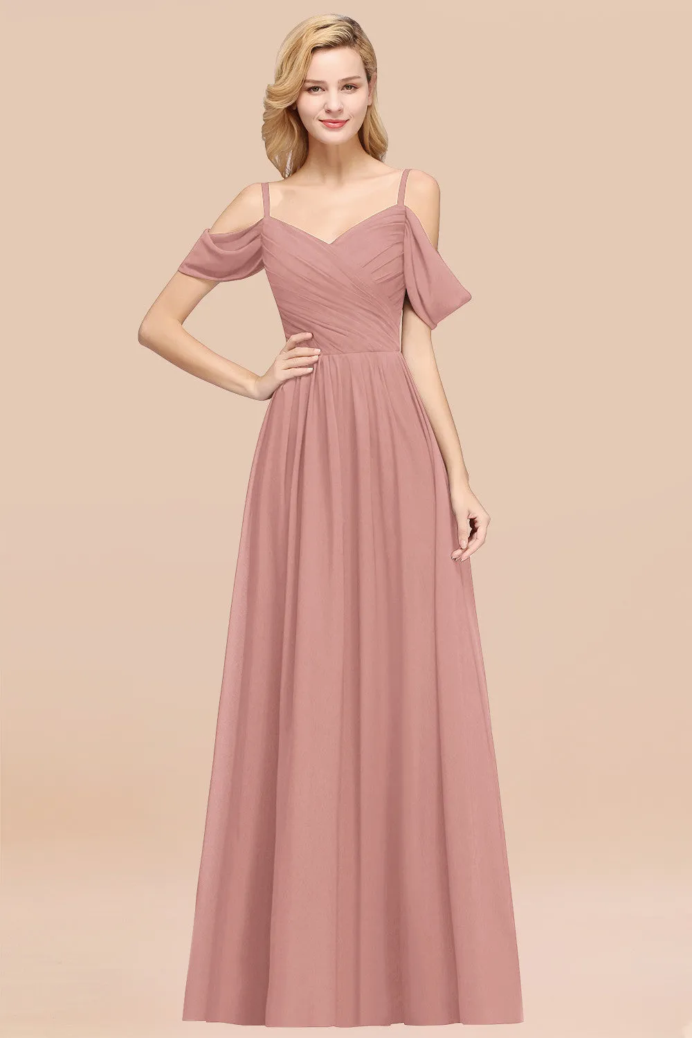 A-Line Chiffon V-Neck Spaghetti Straps Ruffles Long Bridesmaid Dresses with Sleeves