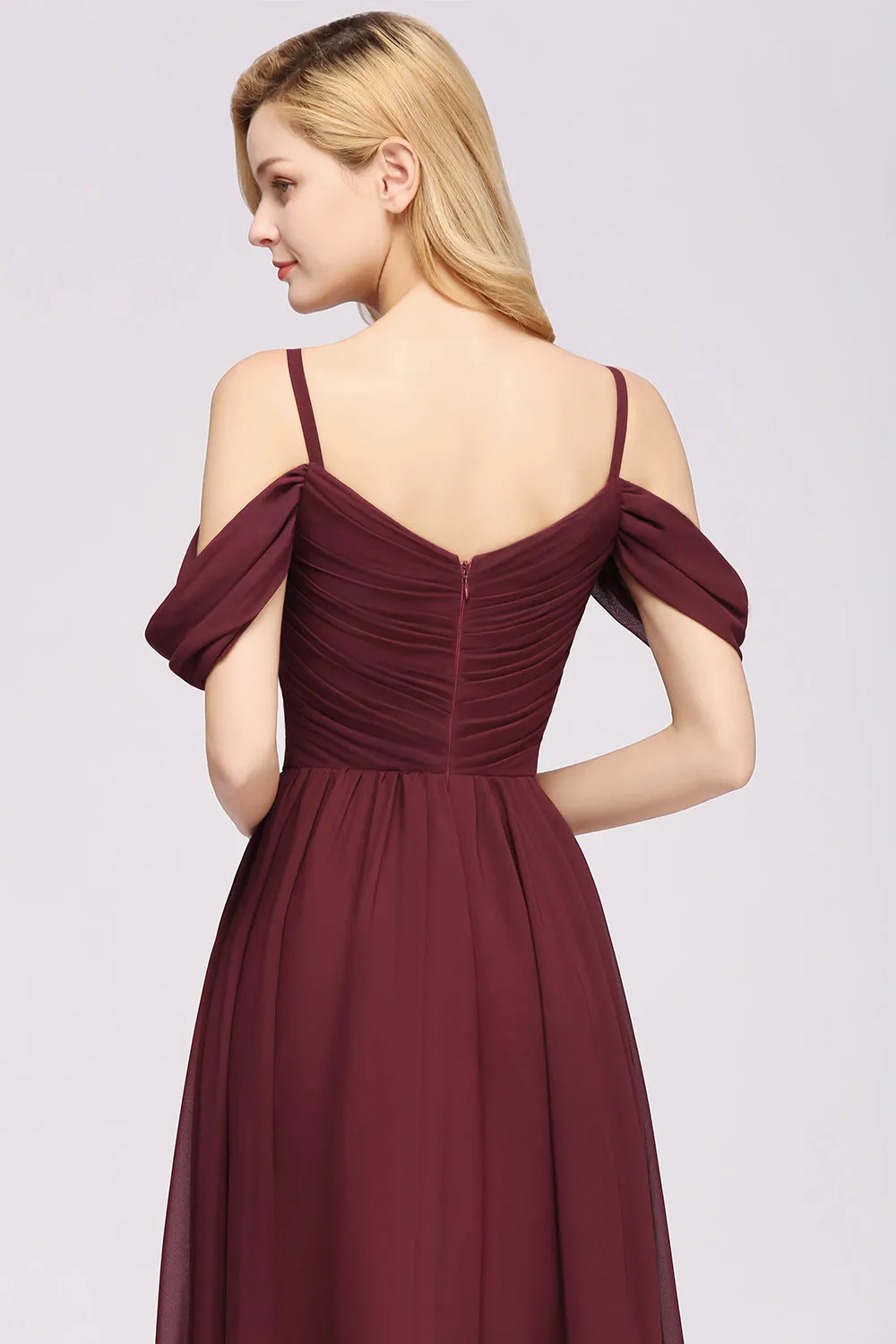 A-Line Chiffon V-Neck Spaghetti Straps Ruffles Long Bridesmaid Dresses with Sleeves