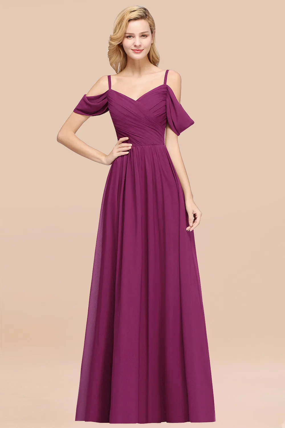 A-Line Chiffon V-Neck Spaghetti Straps Ruffles Long Bridesmaid Dresses with Sleeves