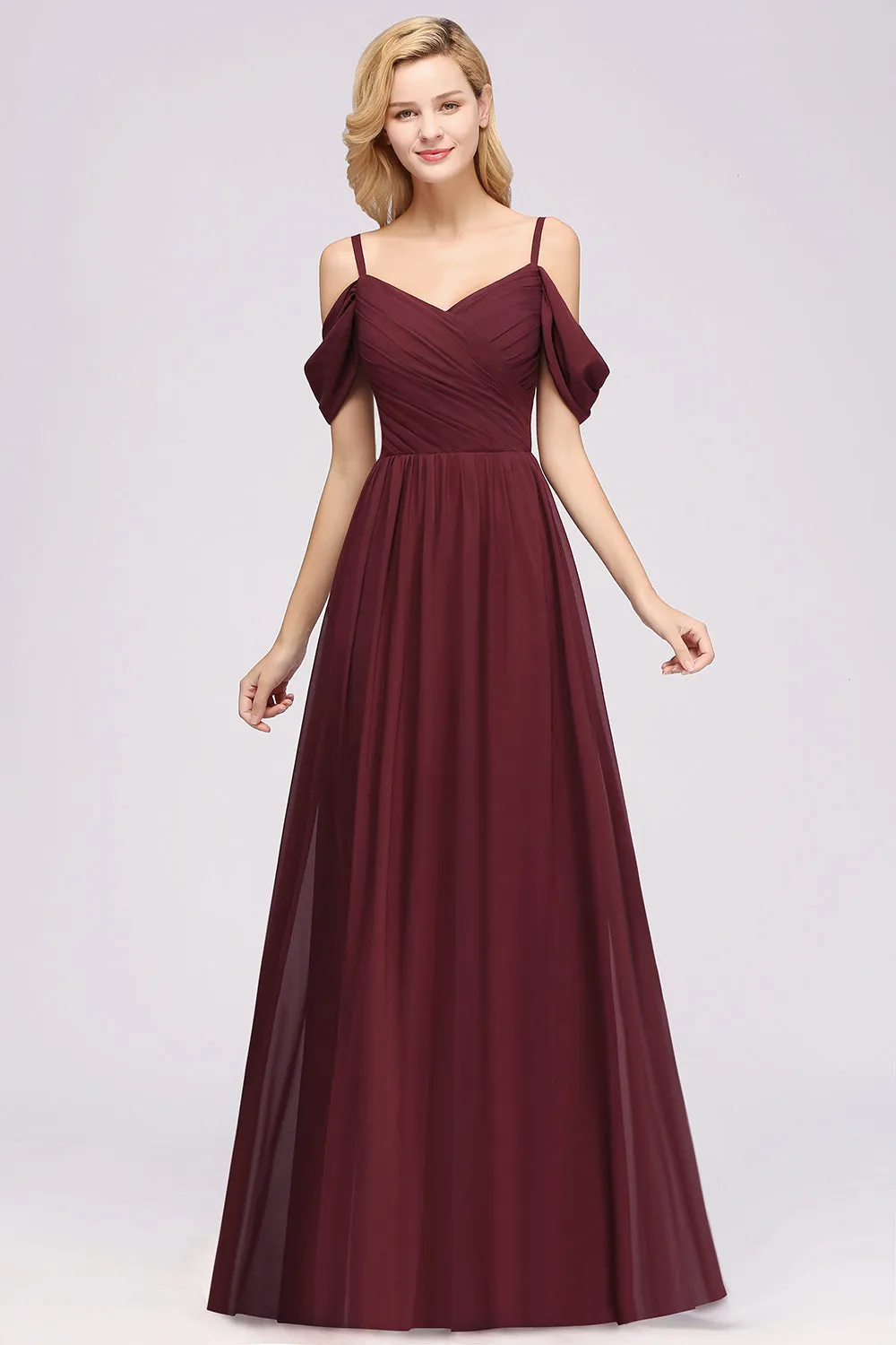 A-Line Chiffon V-Neck Spaghetti Straps Ruffles Long Bridesmaid Dresses with Sleeves