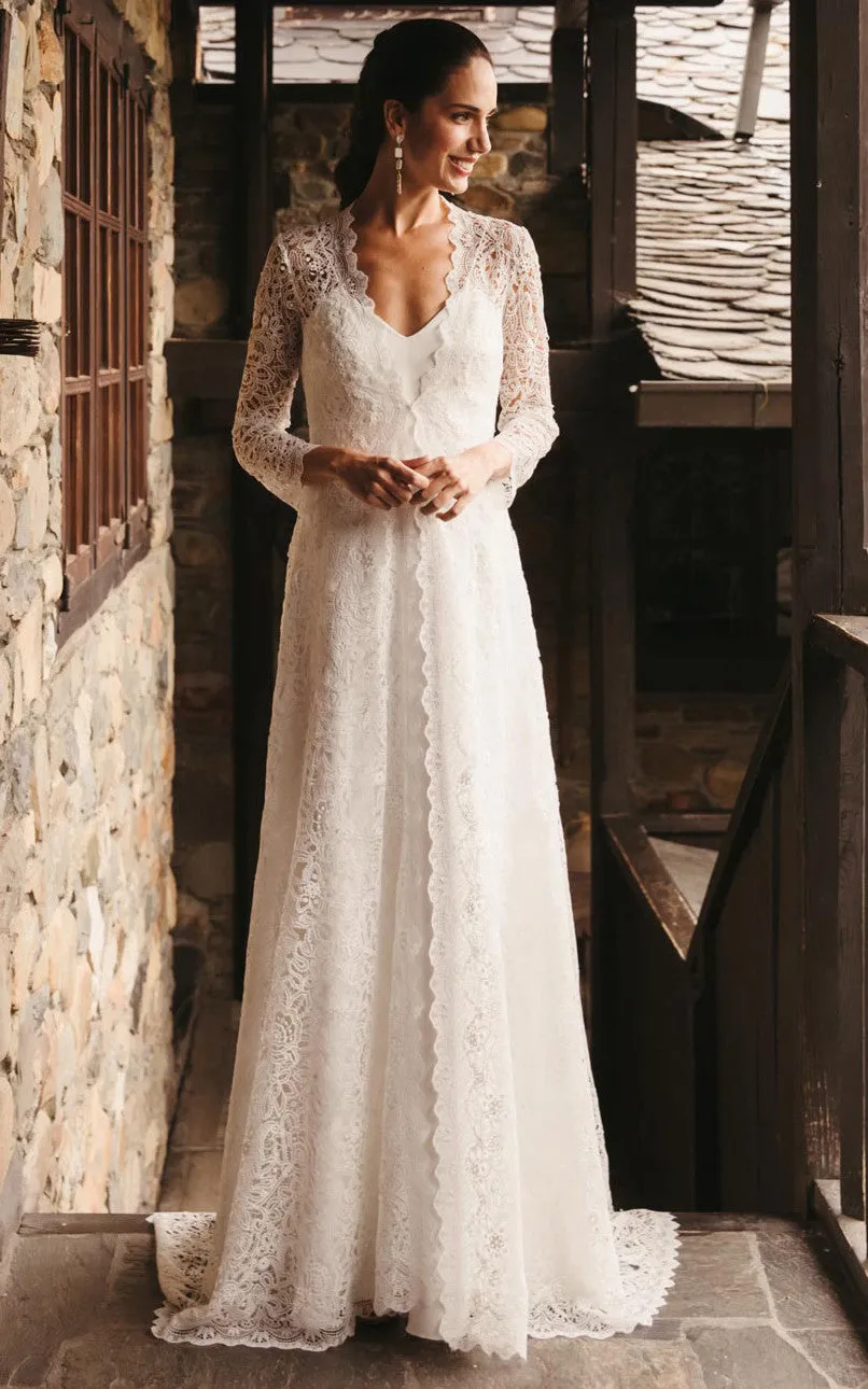 A-Line Country V-neck Lace Bohemian Wedding Dress With Illusion And Appliques-716720