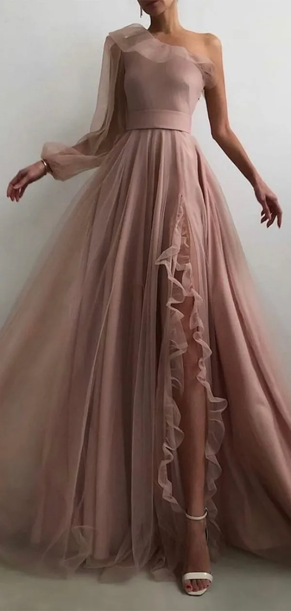 A-line Dusty Pink One Shoulder Elegant Modest Formal Long Prom Dresses PD296