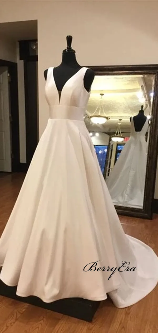 A-line Elegant Wedding Dresses, V-neck Popular Wedding Dresses