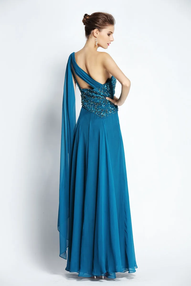 A-Line Floor-length One-shoulder Chiffon Sleeveless Prom Dress with Beading and Draping-334094