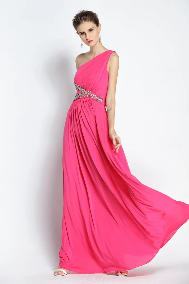 A-Line Floor-length One-shoulder Chiffon Sleeveless Prom Dress with Beading and Ruching-334092