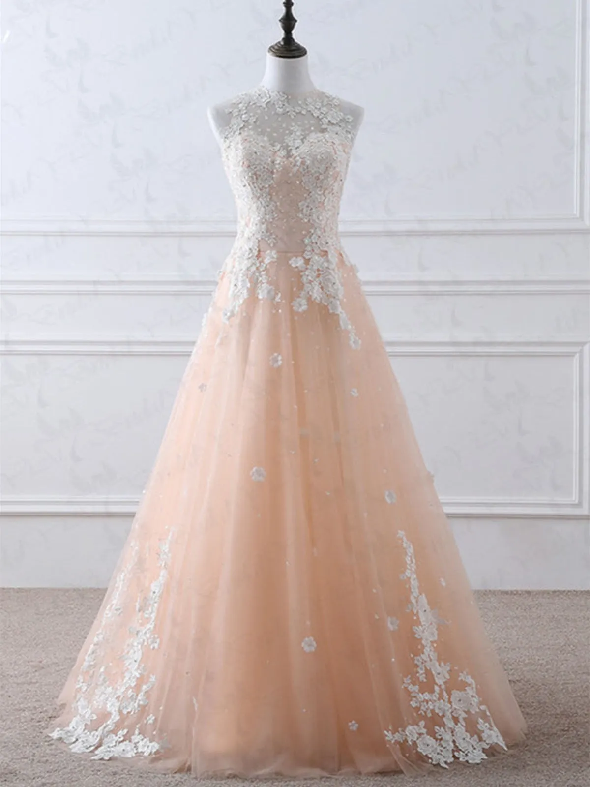 A-line High Neck Lace Appliques Tulle Long Prom Formal Evening Dresses