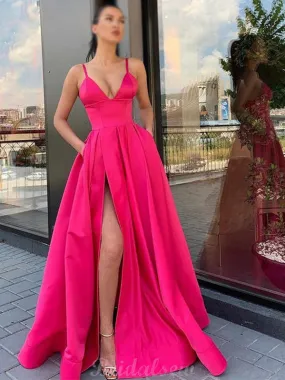 A-Line Hot Pink Long V-Neck Strap Spaghetti Floor Length Prom Dresses PD100