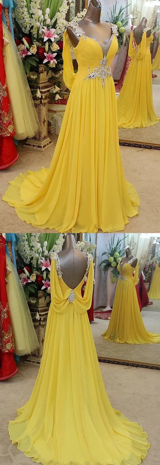 A-line Princess Straps Sleeveless Beading Sweep Brush Train Chiffon Dresses-315279