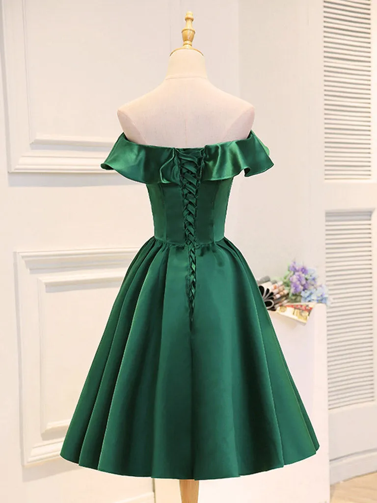 A-Line Satin Green Short Prom Dress, Green Homecoming Dress