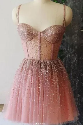 A Line Spaghetti Straps Sweetheart Tulle Beads Homecoming Dresses Short Prom Dresses