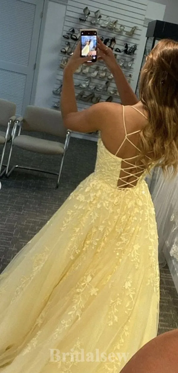 A-line Tulle Lace Yellow Spaghetti Straps Simple Elegant Modest Long Party Evening Prom Dresses PD1310