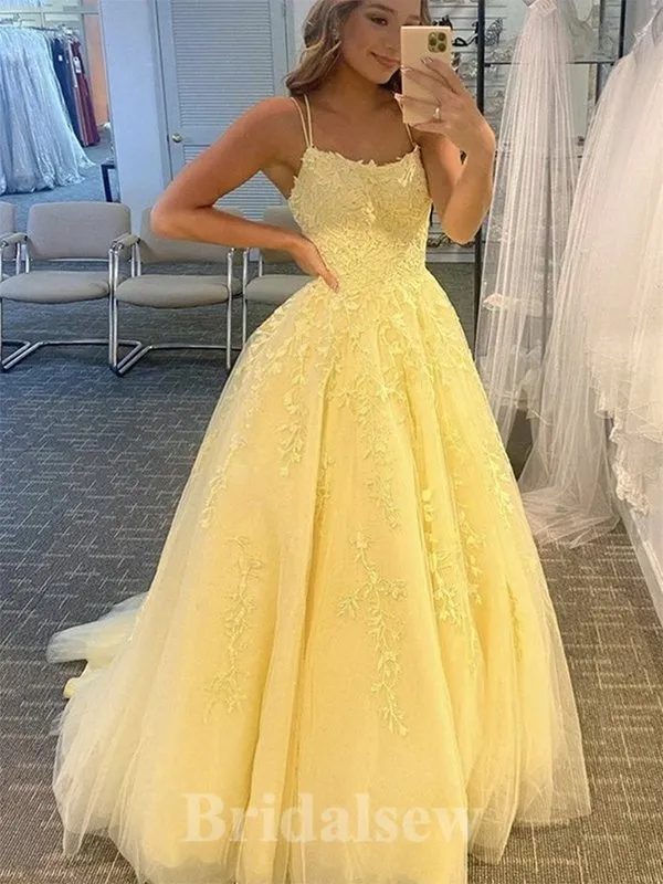 A-line Tulle Lace Yellow Spaghetti Straps Simple Elegant Modest Long Party Evening Prom Dresses PD1310