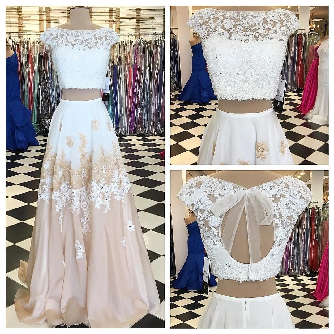 A-line Two Piece Long Floor Length Scoop White Lace Prom Dresses with Open Back