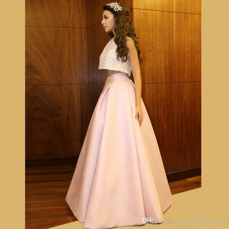 A Line Two Pieces Pink Long Satin Prom Dresses Evening