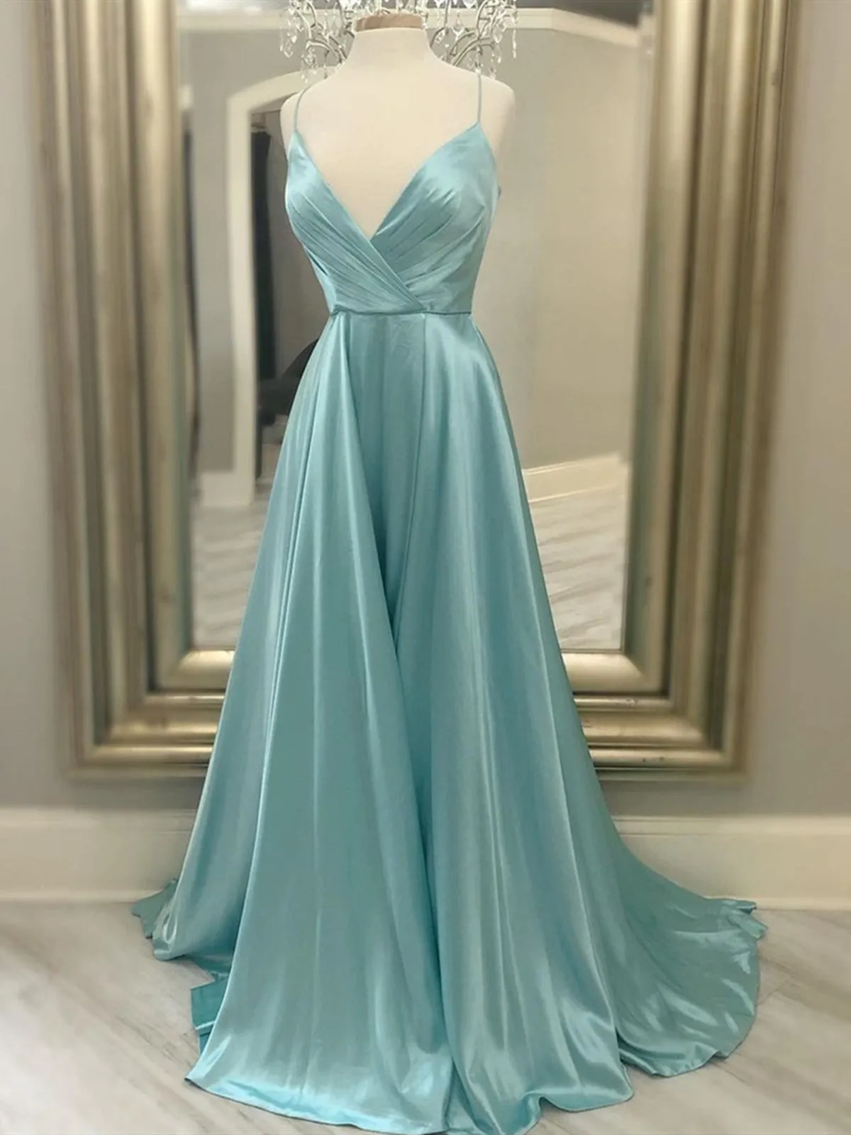 A Line V Neck Green Satin Long Prom Dresses, Green V Neck Long Formal Evening Dresses