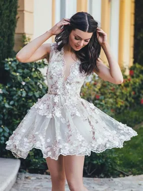 A-line V-neck Lace Appliques Short Prom Homecoming Dresses with Flower