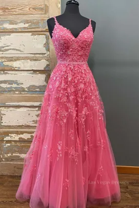 A Line V Neck Open Back Beaded Hot Pink Lace Long Prom Dresses, Hot Pink Lace Formal Graduation Evening Dresses