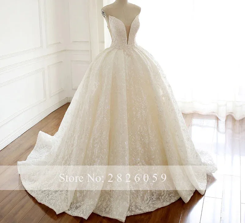 A-line V-neck Sleeveless Crystal Beaded Floor Length Wedding Dress