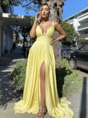 A-line Yellow Fashion Sexy Slit Elegant Modest Long Party Evening Prom Dresses PD1338