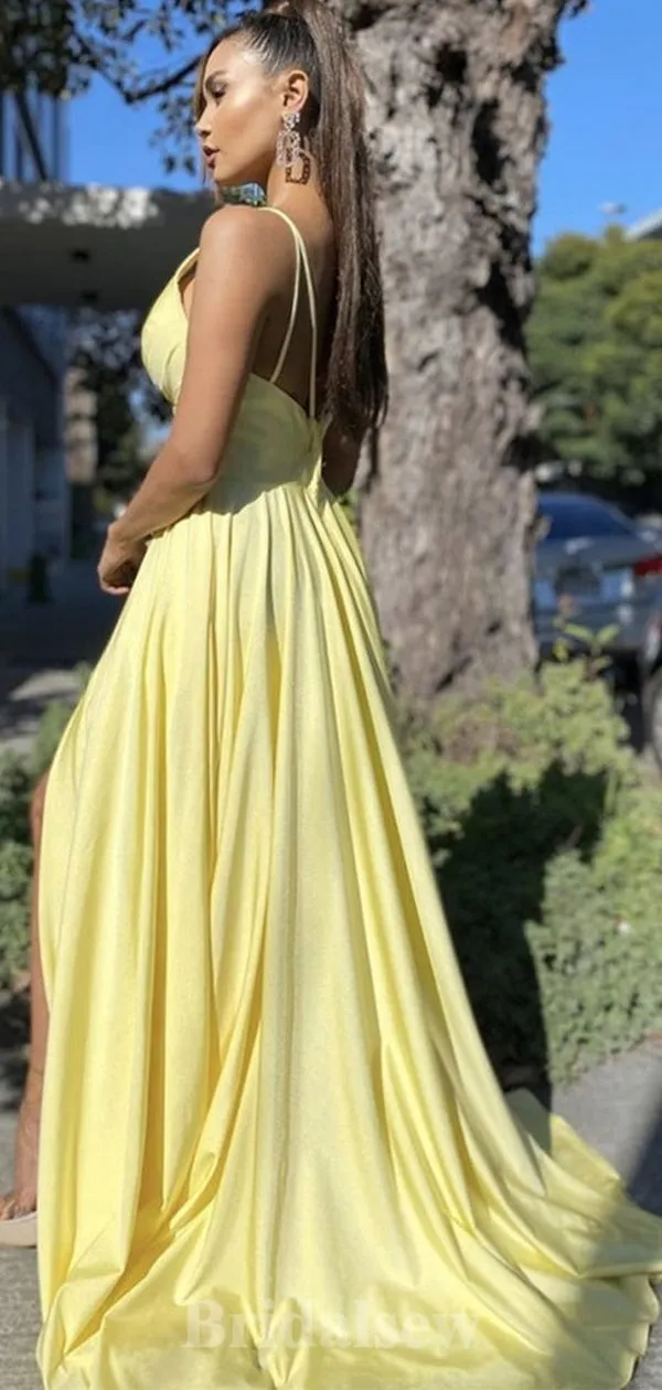 A-line Yellow Fashion Sexy Slit Elegant Modest Long Party Evening Prom Dresses PD1338