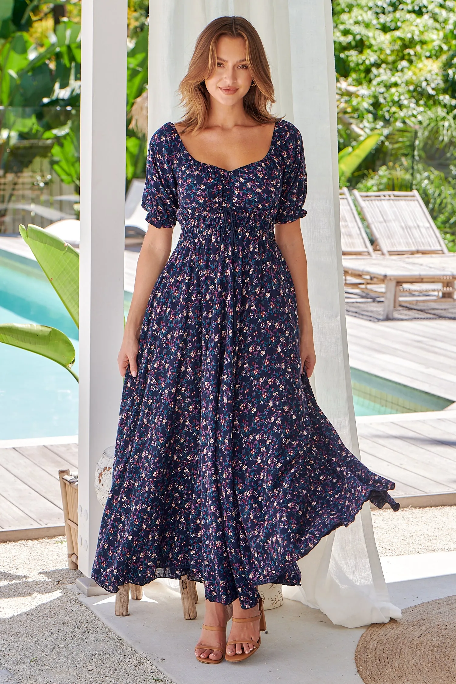 Aaliyah Navy Floral Puff Sleeve Maxi Dress