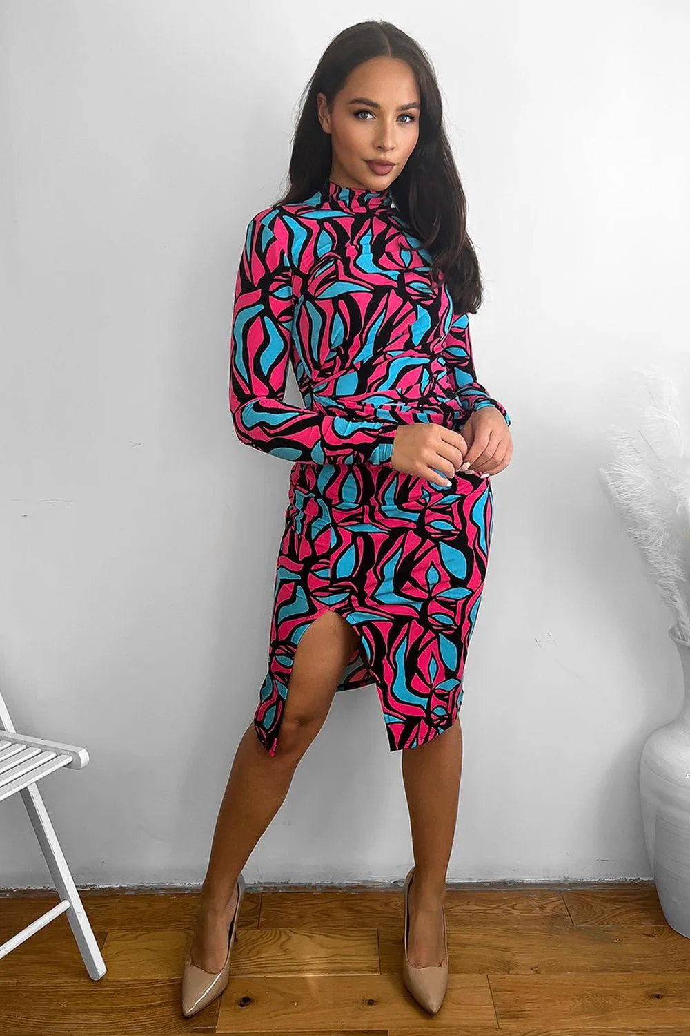 Abstract Multicolour Print High Neck Slinky Dress