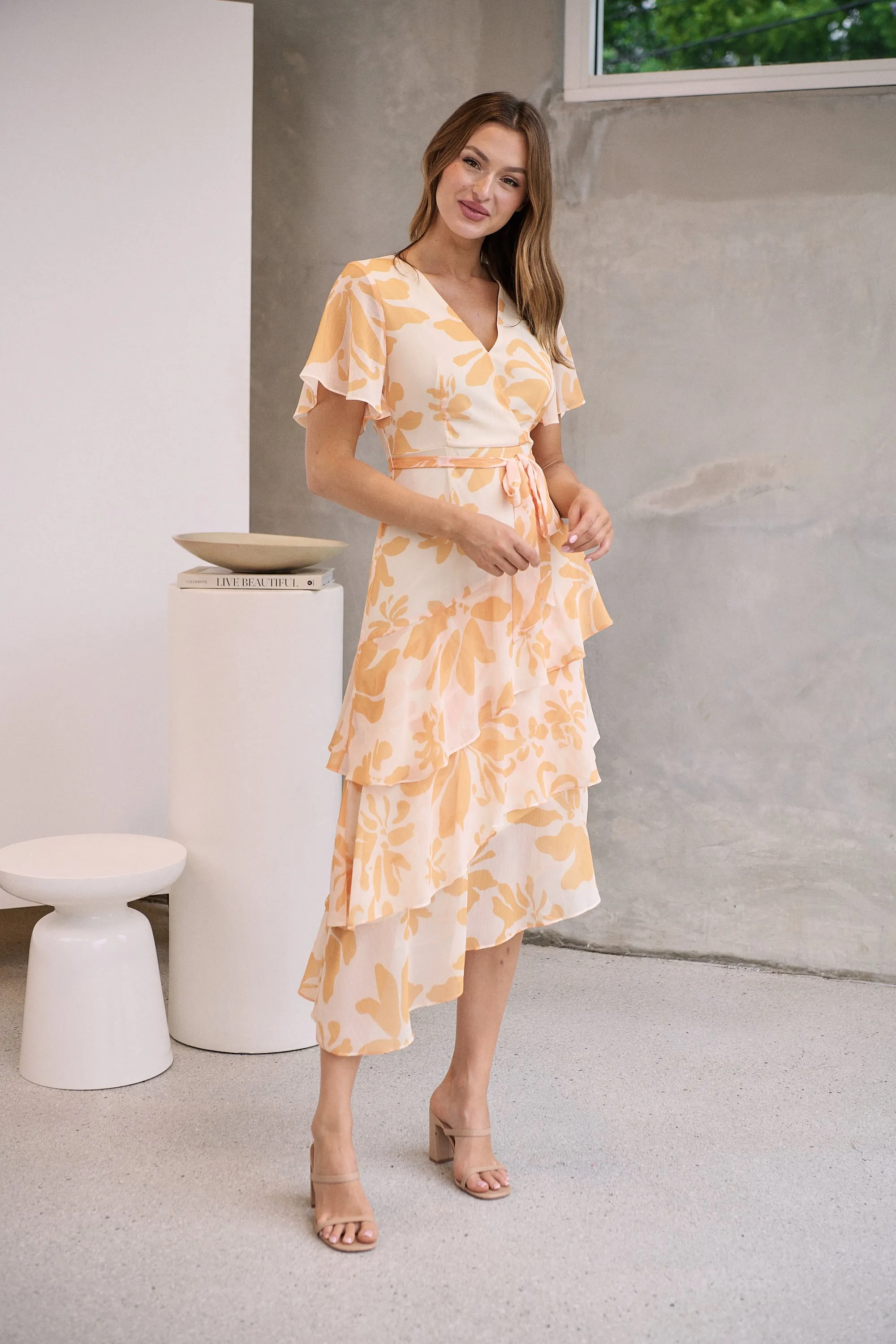 Aida Honey/Yellow Floral Print Frill Evening Dress