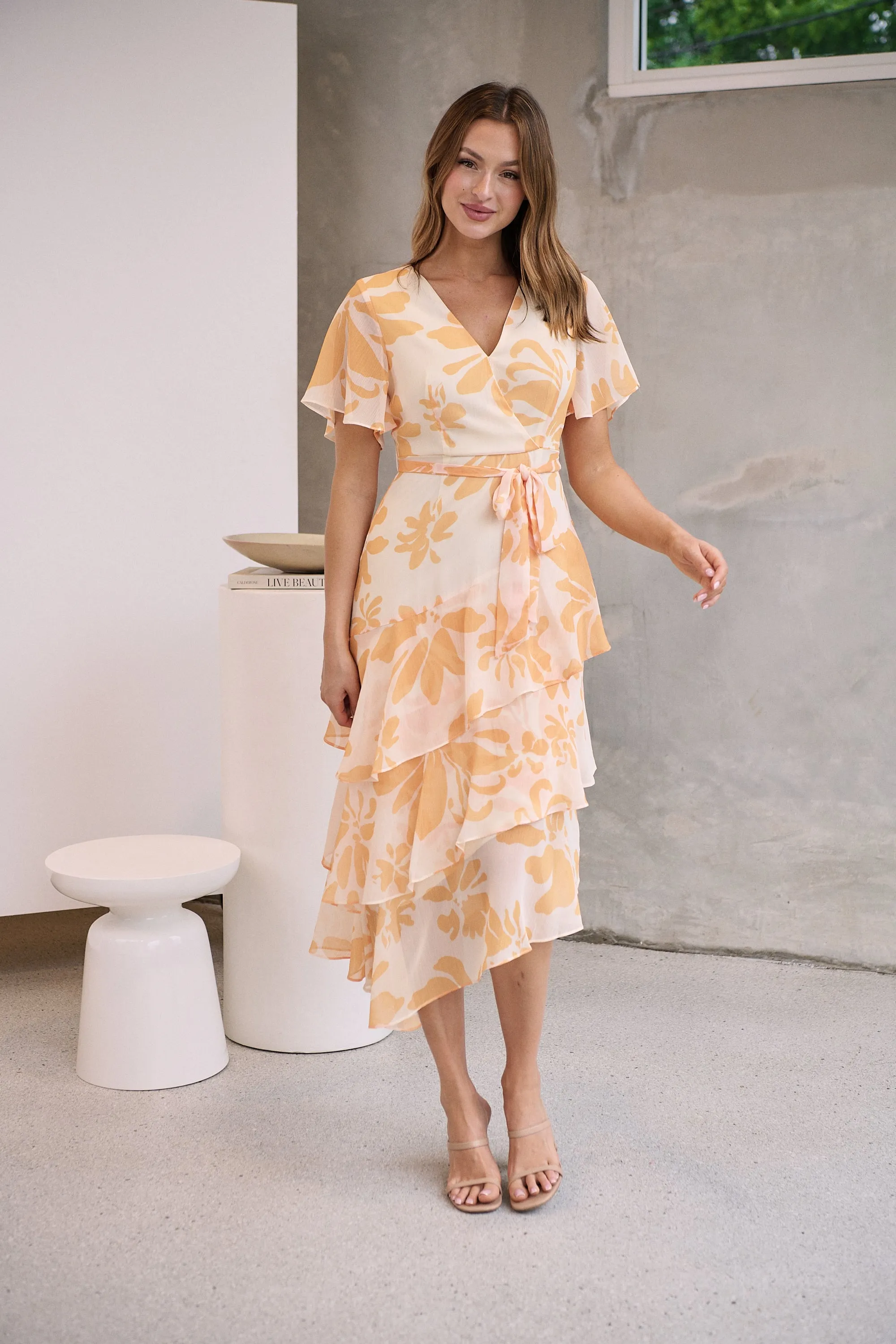 Aida Honey/Yellow Floral Print Frill Evening Dress