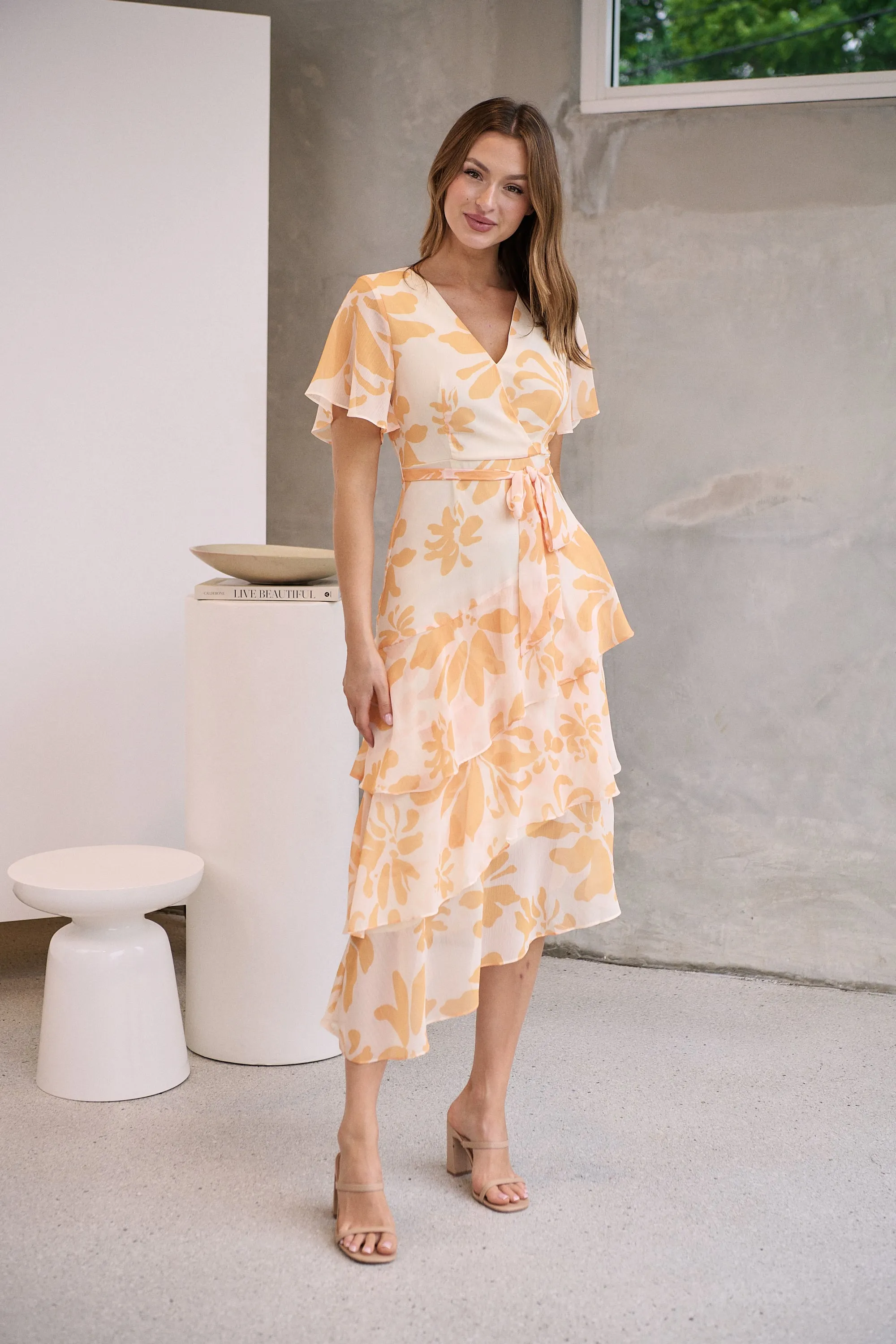 Aida Honey/Yellow Floral Print Frill Evening Dress