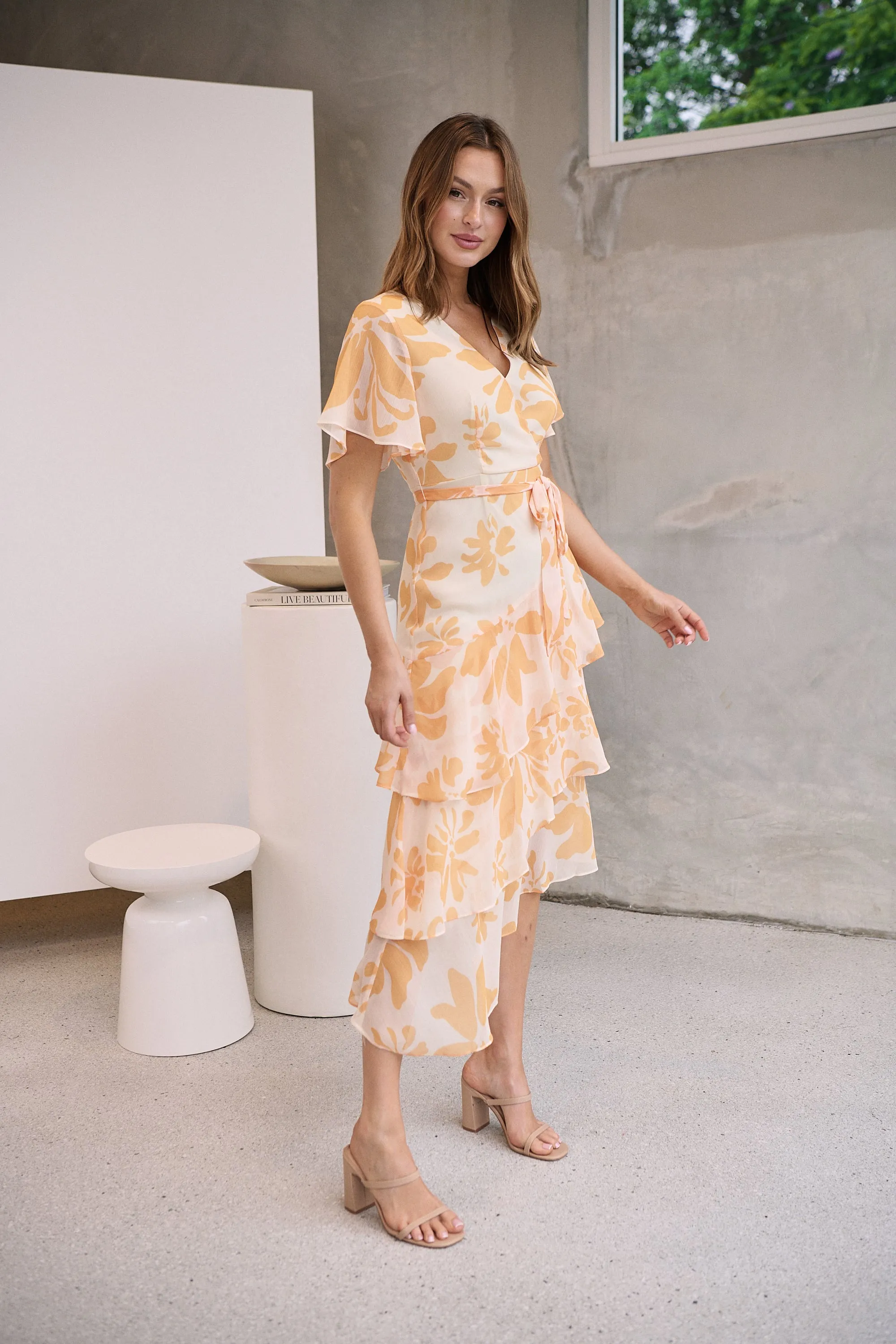 Aida Honey/Yellow Floral Print Frill Evening Dress