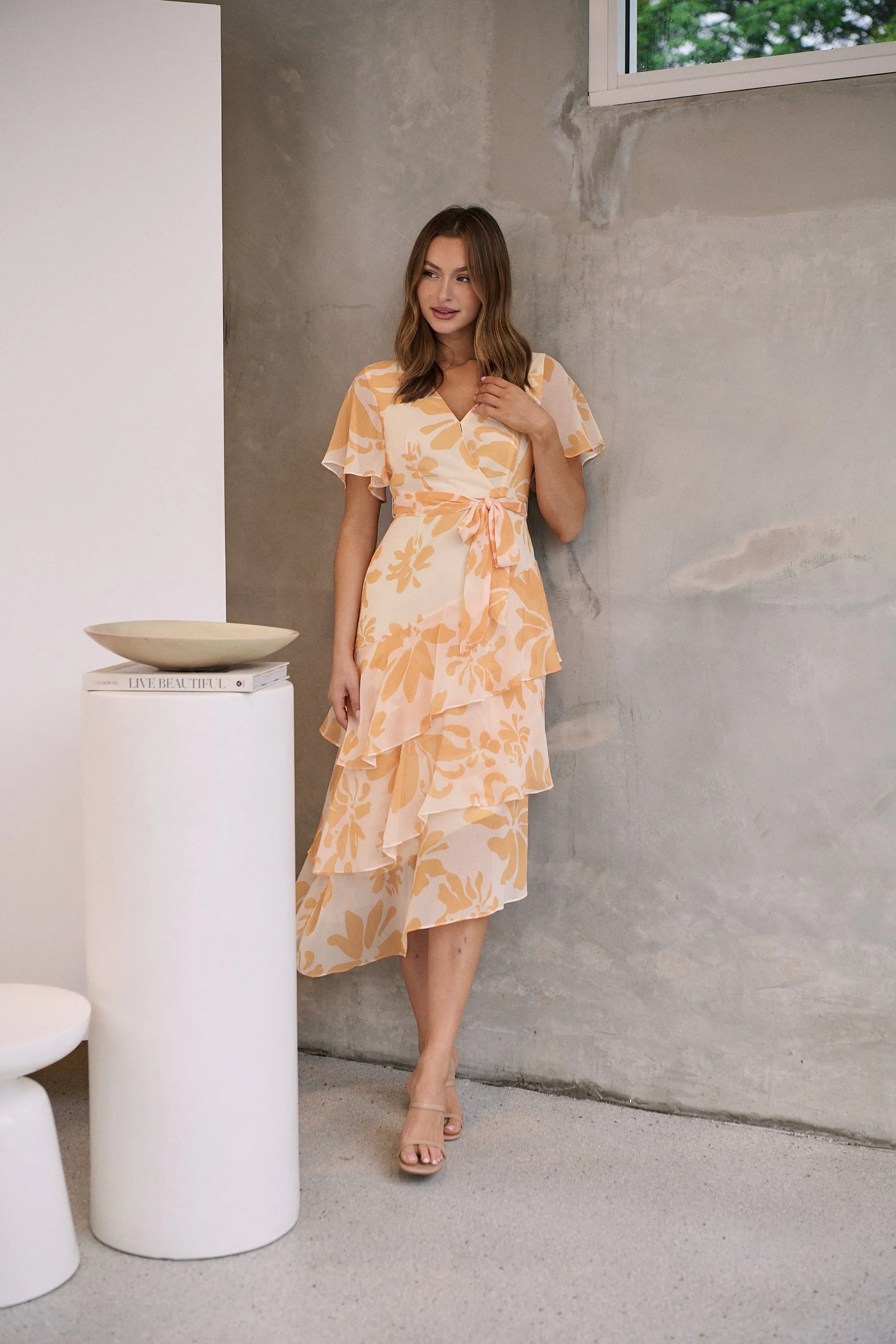 Aida Honey/Yellow Floral Print Frill Evening Dress