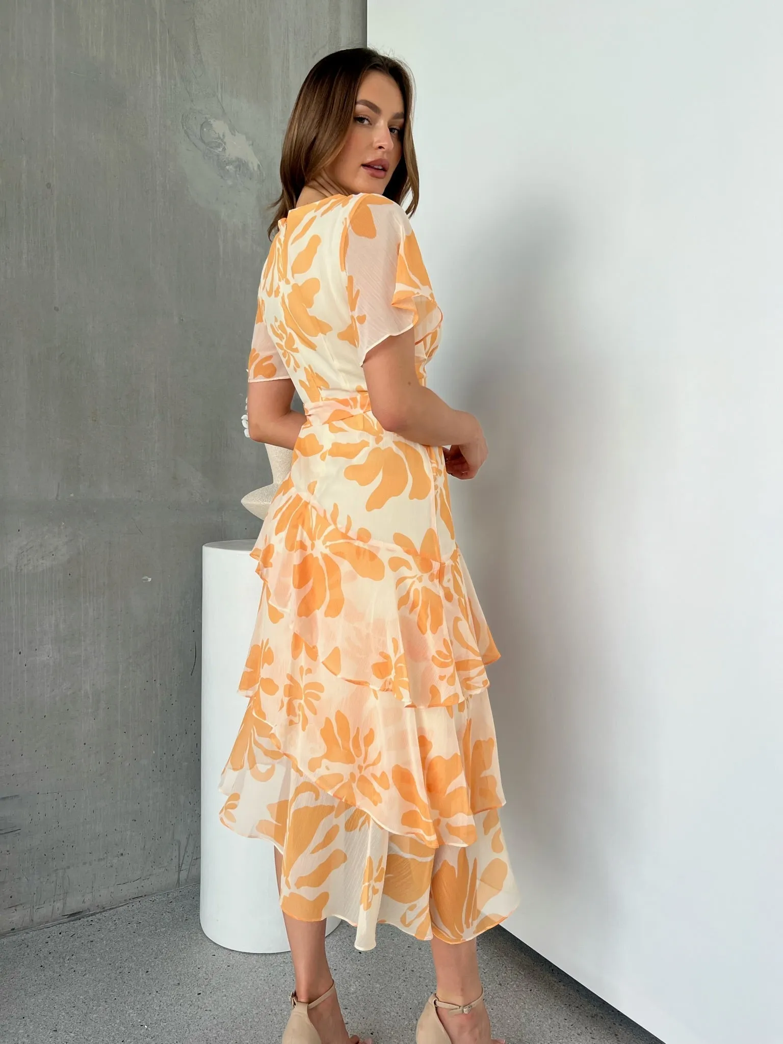 Aida Honey/Yellow Floral Print Frill Evening Dress